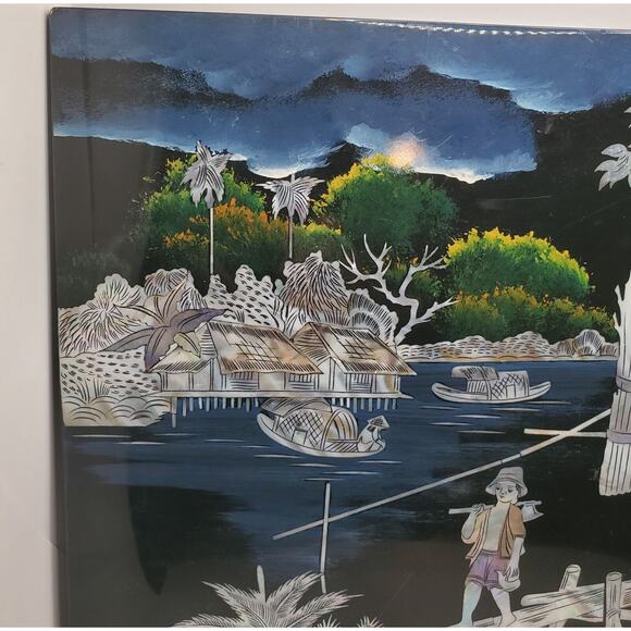 Inlaid Asian Artwork Shell On Black Lacquered Wood Vintage 12x16 Inches - Picture 7 of 15